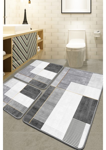 Gri 3'lü Banyo Paspası Seti, Şık ve Kullanışlı Ev Dekorasyonu Ürünü