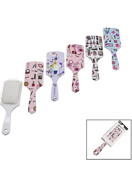 Saç Fırçası - Tarak Plastik Renkli Desenli Sap - Beyaz Fırça Kılları (4172)