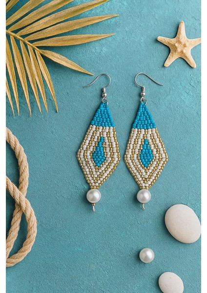 Boncuklu Inci Detaylı Geometrik Küpe – Turkuaz & Altın (El Yapımı) indirimleri