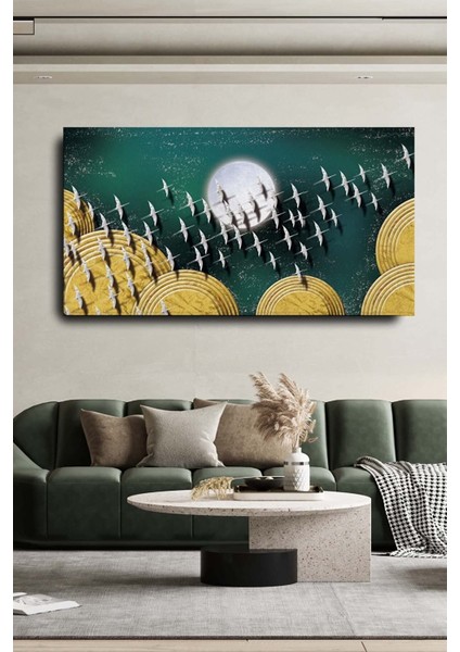 Dekoratif Soyut Gümüş Kuşlar Sürreal Kanvas Duvar Tablosu 60 x 120 cm