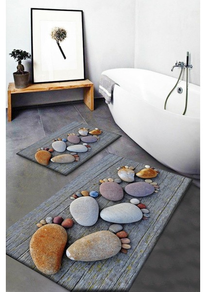Ayak Taşları Desenli Yıkanabilir Kaymaz Tabanlı 2'li Banyo Halısı Seti