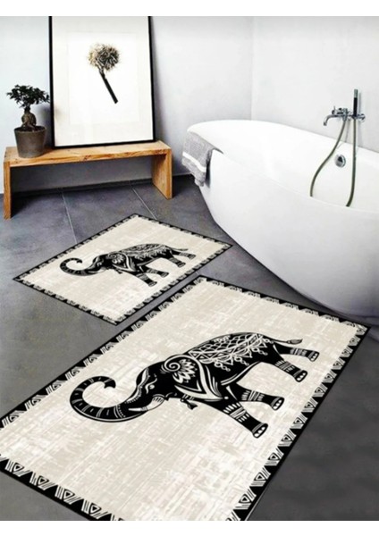 Yıkanabilir Kaymaz Tabanlı 2'li Banyo Paspas Takımı 60X90 ve 40X60 Siyah