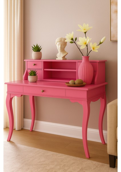 Wooding Mobilya 120 cm 5 Çekmeceli Masif Pembe Raflı Çalışma Masası