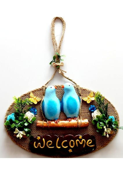 Mavi Kuşlu Çiçekli Welcome Yazılı Kapı Süsü