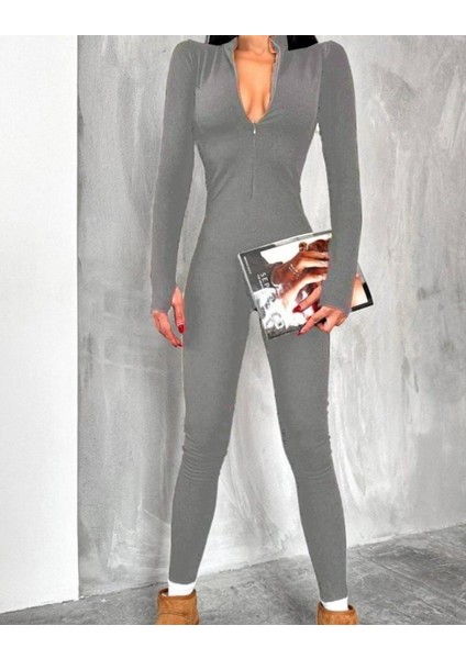 Kadın Uzun Kollu V Yaka Baş Parmak Geçirmeli Detay Kaşkorse Tulum modelleri