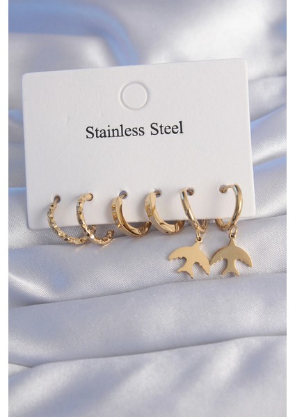 316L Çelik Gold Renk Oval Tasarım Kuş Model Küpe Seti - TJ-BKP9030