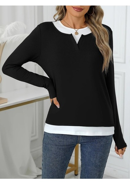Kadın Uzun Kollu V Yakalı Çift Renkli Viskon Iki Iplik Bluz fiyatları