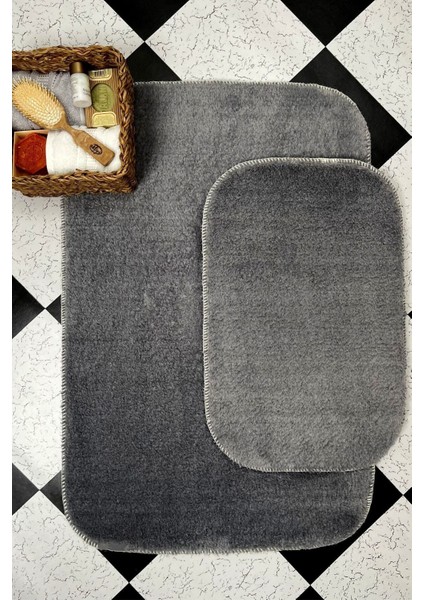 Koyu Gri Banyo Paspas Takımı 2'li, Yumuşak Pelüş Tüylü, Kaymaz Taban, 60X100 ve 40X60