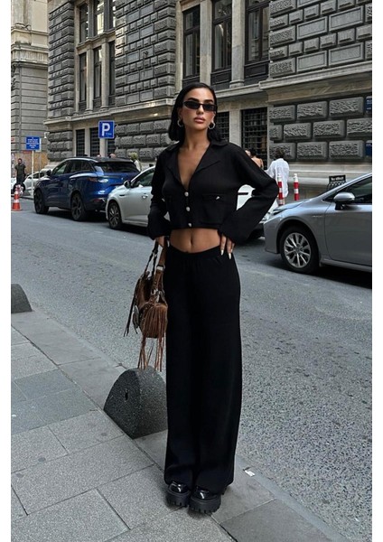 Nancy Kruveze Yaka Crop Takım -Siyah