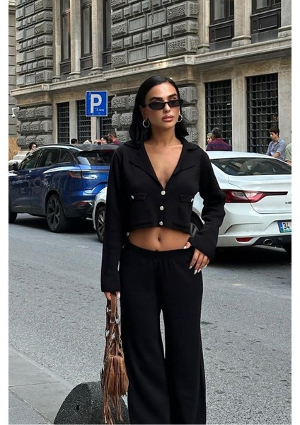 Nancy Kruveze Yaka Crop Takım -Siyah indirimleri