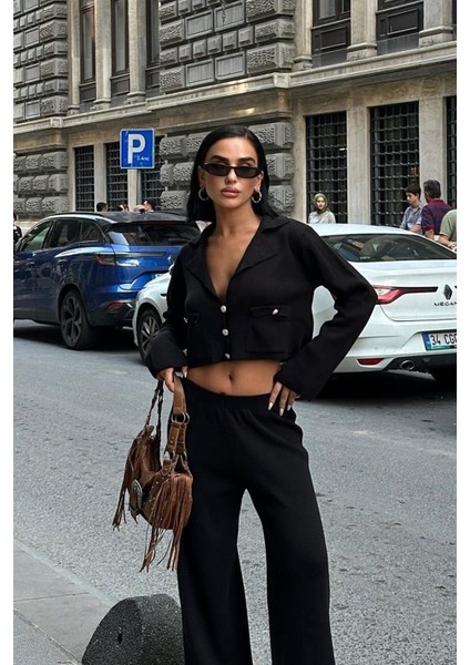 Nancy Kruveze Yaka Crop Takım -Siyah