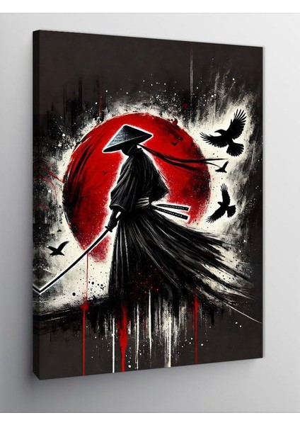 Kanvas Tablo Samuray Silueti ve Kırmızı Güneş, 50 x 70