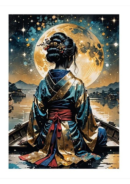 Dolunay ve Japon Kadın Hediyelik Ahşap Tablo, 35CM x 50CM