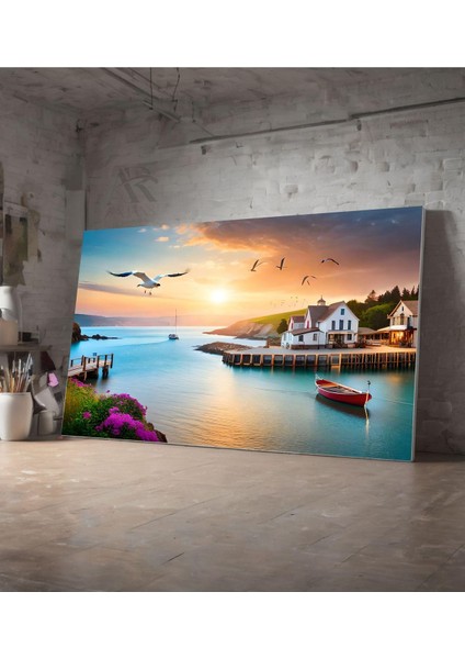 Kanvas Tablo Uçan Kuşlar ve Gö Kenarında Ev Dekoratif Kanvas Tablo 50 x 70