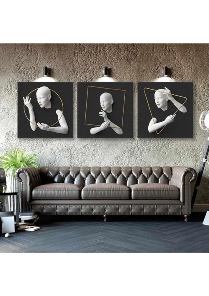 Kanvas Tablo Kabartma Efektli Altın Üçgen Çerçeve Antrasit Fon Dekoratif Üçlü Kombin Kanvas Tablo ART0091 50 x 50