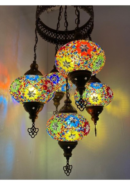5'li Renkli Cam Mozaikli Tavan Sarkıt Dekoratif Avize Seti