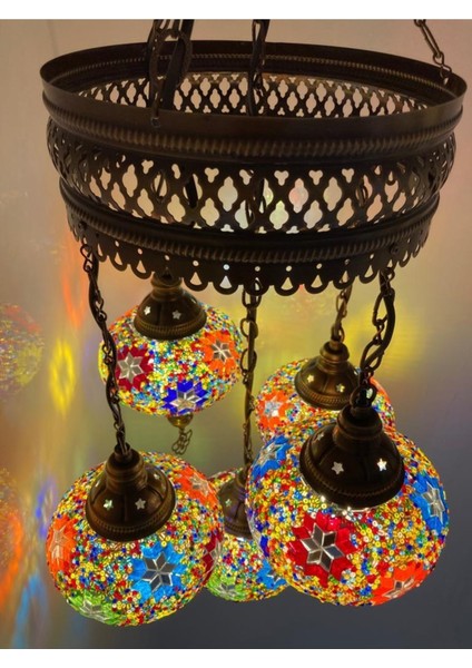 5'li Renkli Cam Mozaikli Tavan Sarkıt Dekoratif Avize Seti modelleri