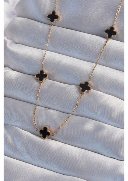 Bfs 316L Çelik Gold Renk Minimal Siyah Mineli Yonca Kolye