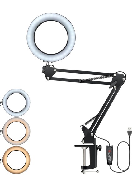 20 cm Halka Işık – Masa Üstü Montajlı, Esnek Metal Kol,3 Mod Renk, Parlaklık Ayarlı, Telefon Tutuculu, Youtube, Ürün Çekimi, Makyaj ve Üstten Fotoğrafçılık Içinl
