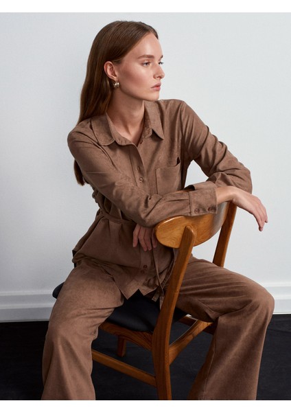 50518 Kemerli Süet Gömlek-Vizon