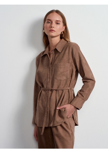 50518 Kemerli Süet Gömlek-Vizon modelleri