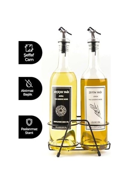 Şeffaf 750 ml Siyah Beyaz Etiketli Siyah Akıtıcılı Yağlık Yağdanlık modelleri