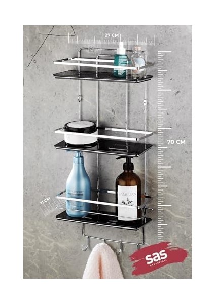 Haus Yapışkanlı Ömür Boyu Paslanmaz Ayarlanabilir Raf Düzenleyici Şampuanlık Krom-Siyah Lş-03 modelleri