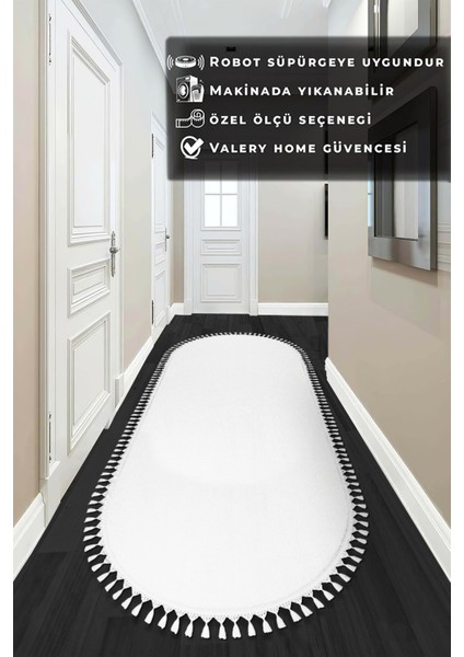 Yumuşak Peluş Yolluk, Oval Tasarım, Ponpon ve Saçak Detaylı, Beyaz Renk