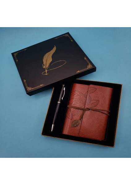Deri Defter ve Tükenmez Kalem Karton Kutu Kahverengi