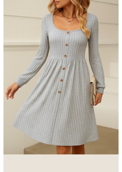 Kadın Uzun Kollu Kare Yaka Düğmeli Kısa Şardonlu Iki Iplik Mini Elbise fiyatları