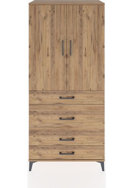 Hyperion Dolap Tek Raflı 4 Çekmeceli Tek Askılı 88X44X195 Çam-Çam