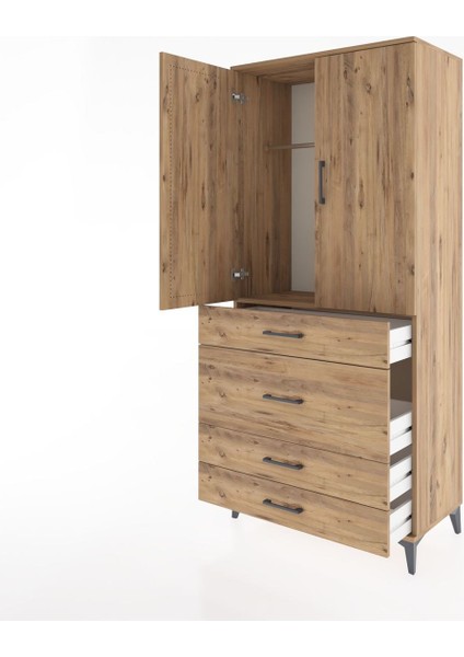 Hyperion Dolap Tek Raflı 4 Çekmeceli Tek Askılı 88X44X195 Çam-Çam fırsatları