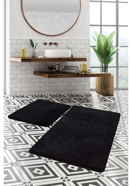 Yumuşak Peluş Banyo Takımı, 120X80 ve 80X50 Cm, 2'li, Xl Boy, Siyah