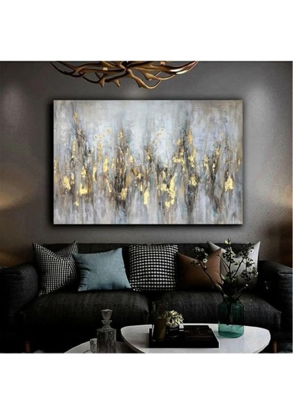 Kanvas Tablo Soyut Dikey Çizgiler Gold Temalı Yağlı Boya Çizimli Dekoratif Kanvas Tablo 80 x 120