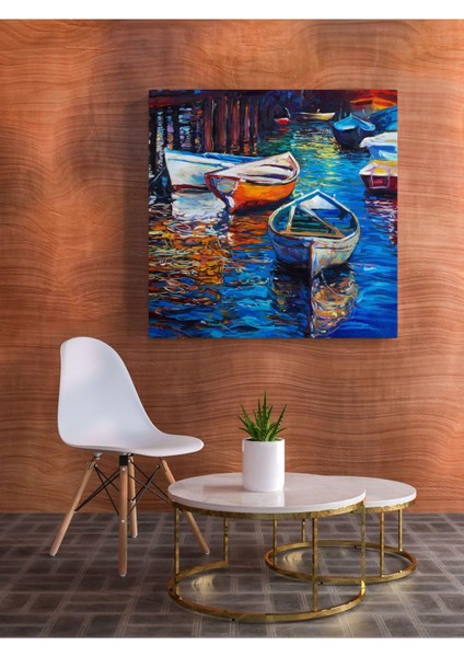 Kanvas Tablo Renkli Kayıklar Yağlı Boya Çizimli Dekoratif Kanvas Tablo 30 x 30