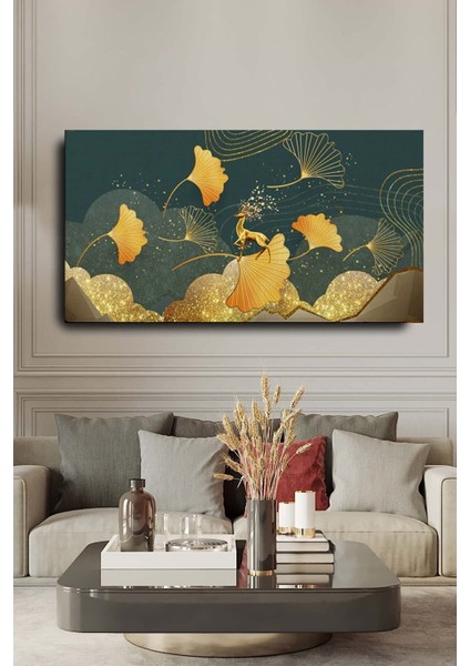 Dekoratif Soyut Altın Geyikli Altın Yaprak Sürreal Kanvas Duvar Tablosu 120X60CM