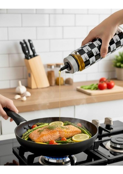 Damalı Cam Yağdanlık – Metal Kapaklı, Damlatmaz, Isıya Dayanıklı, Akıllı Yağlık 550 ml (Zeytinyağı, Sirke, Ayçiçek Yağı) modelleri