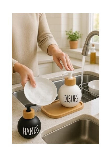Bulaşık Deterjanlık ve Sabunluk Seti Bambu Tepsili Şık Ikili Set Siyah Beyaz Modern Tasarım Kompozit Malzemeli Mutfak Tezgah Üstü Organizer ( ) modelleri