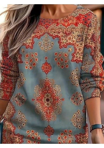 Kadın Uzun Kollu Yuvarlak Yaka Desenli Mini Modal Elbise fiyatları