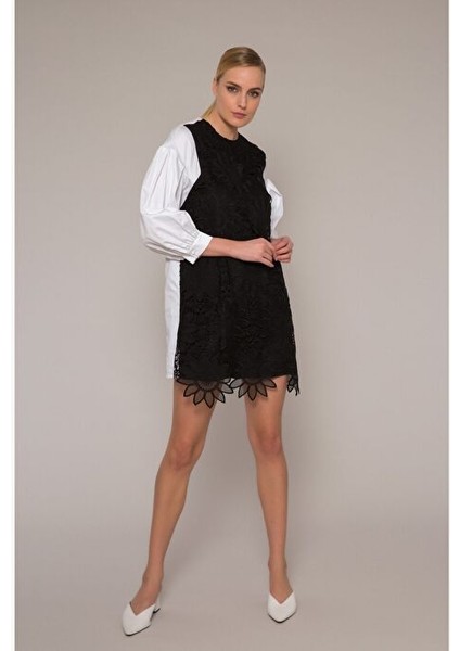 Dantel Garnili - Poplin Mini Elbise