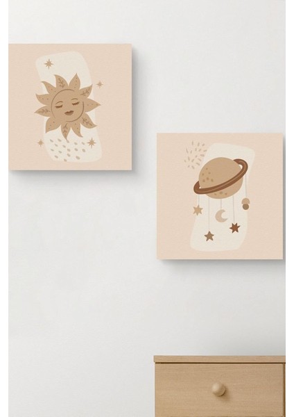 Yıldız ve Gezegen | Minimal Tasarımlı 2&apos;li Kanvas Tablo 25 x 25 cm Ölçüsündedir.
