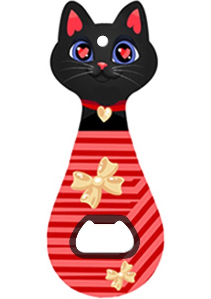 Miyav Kedi Mıknatıslı Şişe Kapak Açacağı, Buzdolabı Magnet Kırmızı, 5.5X14 Cm, Seramik Kaplama Kedili Açacak