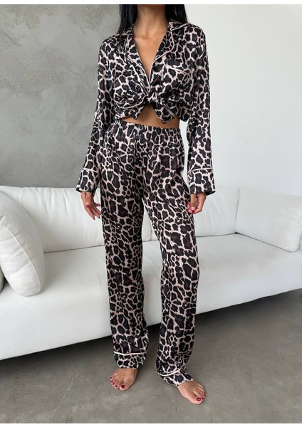 Kadın Leopar Desenli Ipek Saten Pijama Takımı fırsatları