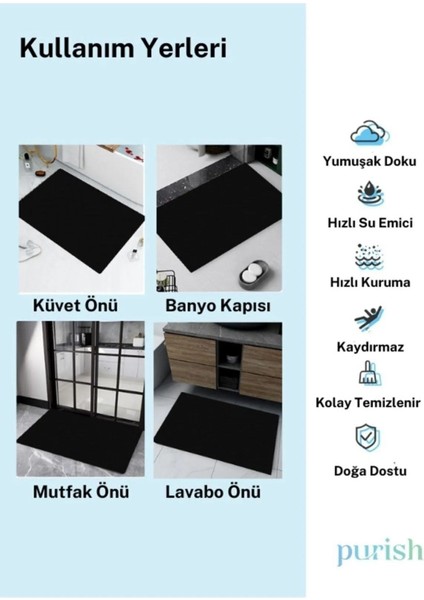 Siyah Renkli Su Emici Kaymaz Banyo Paspası, 2'li Set