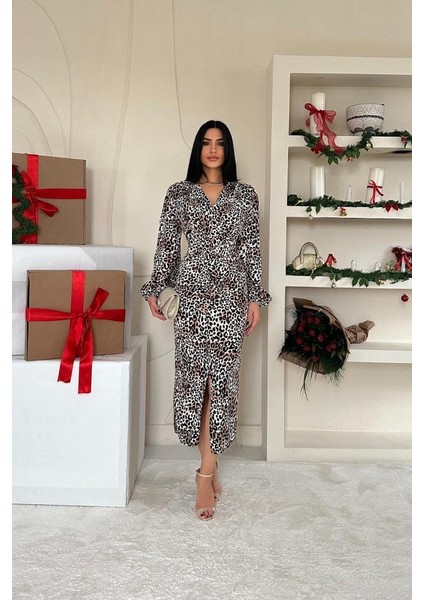 Leopar Önü Yırtmaçlı V Yaka Elbise modelleri