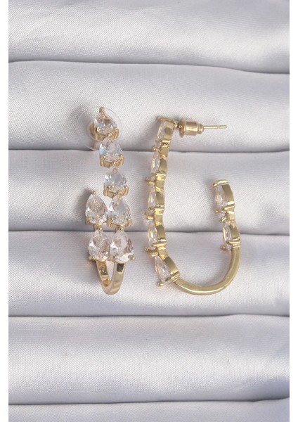 Pirinç Gold Renk Damla Zirkon Taş Tasarımlı Küpe - TJ-BKP9198