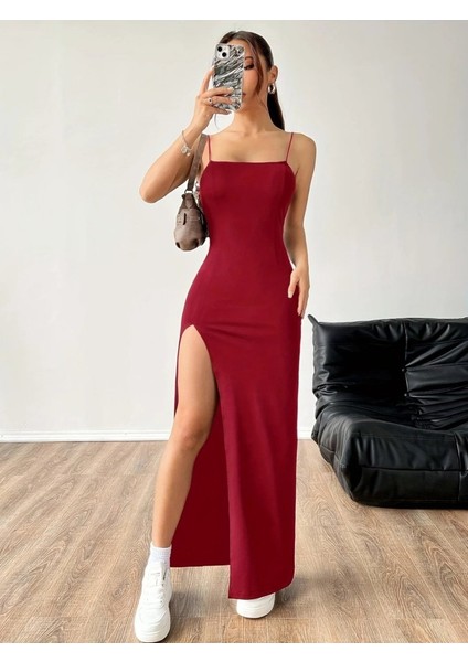 Kadın Ip Askılı Yandan Yırtmaçlı Janjan Krep Elbise