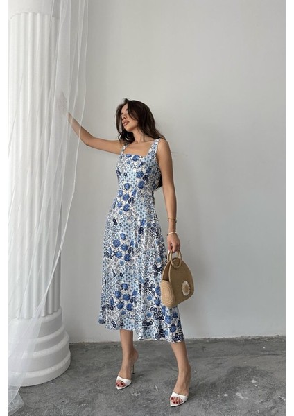 Mavi Çiçekli Viskon Elbise modelleri