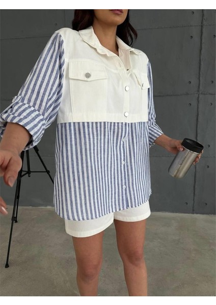 Gabardin Şort - Gabardin - Çizgili Keten Garnili Ceket Takım - Lacivert