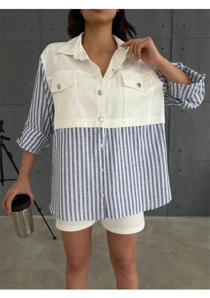 Gabardin Şort - Gabardin - Çizgili Keten Garnili Ceket Takım - Lacivert fırsatları